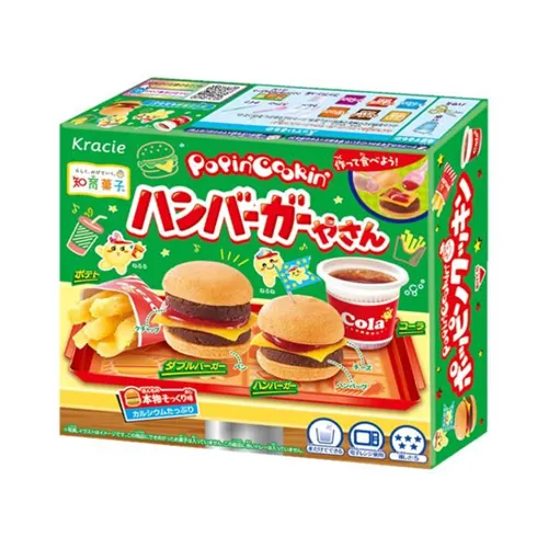 Poppin' Cookin hamburger candy kit with miniature fries and cola drink