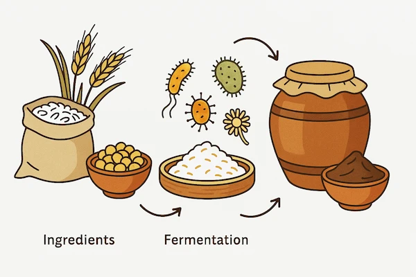 Illustration of the miso fermentation process, showing ingredients, microbes, and maturation stages