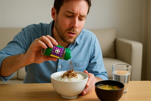 A spoon sprinkling Japanese furikake seasoning onto a bowl of steamed white rice