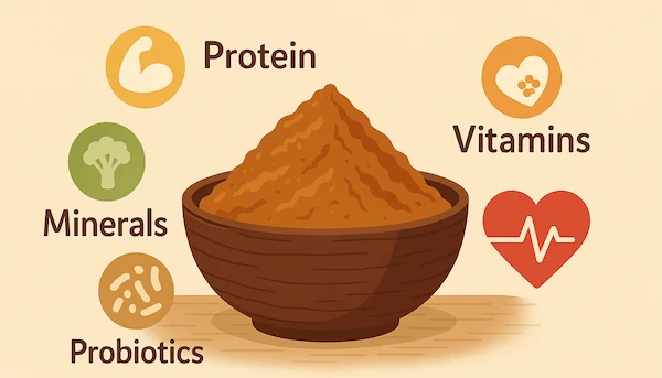 Illustration showing nutritional components of miso, such as vitamins, minerals, probiotics, and heart health benefits