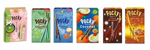 Pocky seasonal packages changing each year, limited-time flavors like Sakura Matcha, Choco Mint, and Coconut